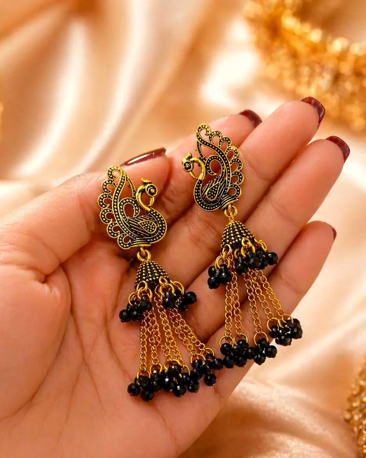 Stylish Peacock Design Gold-Plated Beaded Chain Drop Earrings for Women & Girls